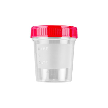 Contenitore per Urina con superficie di scrittura con tappo a vite 120 ml prodotto in camera bianca ISO 8 sfusa tappo rosso con
