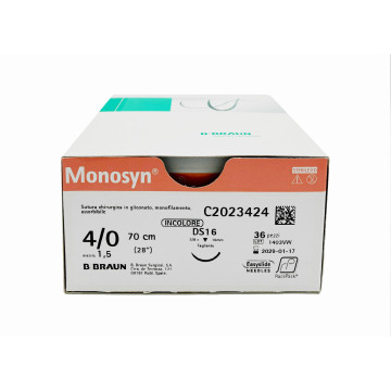 Monosyn suture assorbibili in gliconato, ago 3/8 di precisione 13mm, USP 5/0 - filo incolore 45 cm - conf.36