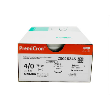 Premicron suture non assorbibili in poliestere tereftalato, ago 1/2 17mm, USP 4/0 - filo verde 75cm - conf.36