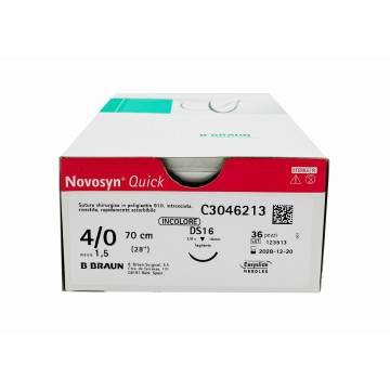 Novosyn Quick suture assorbibili in poliglactina 910, ago 3/8 12mm, USP 4/0 - filo incolore 70cm - conf.36