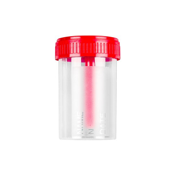 Contenitore 60 ml per feci in PP tappo a vite rosso, con superficie di scrittura, conf. sing., sterile - Conf.500 pz.