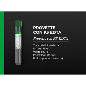 Provetta con K3 Edta verde scuro 2,5 ml 12x86 mm in rack da 50 pezzi conf. 1000 pz.